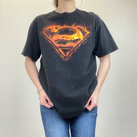 L VINTAGE SUPERMAN FIRE GRAPHIC OVERSIZED T SHIRT - Picture 3 of 3
